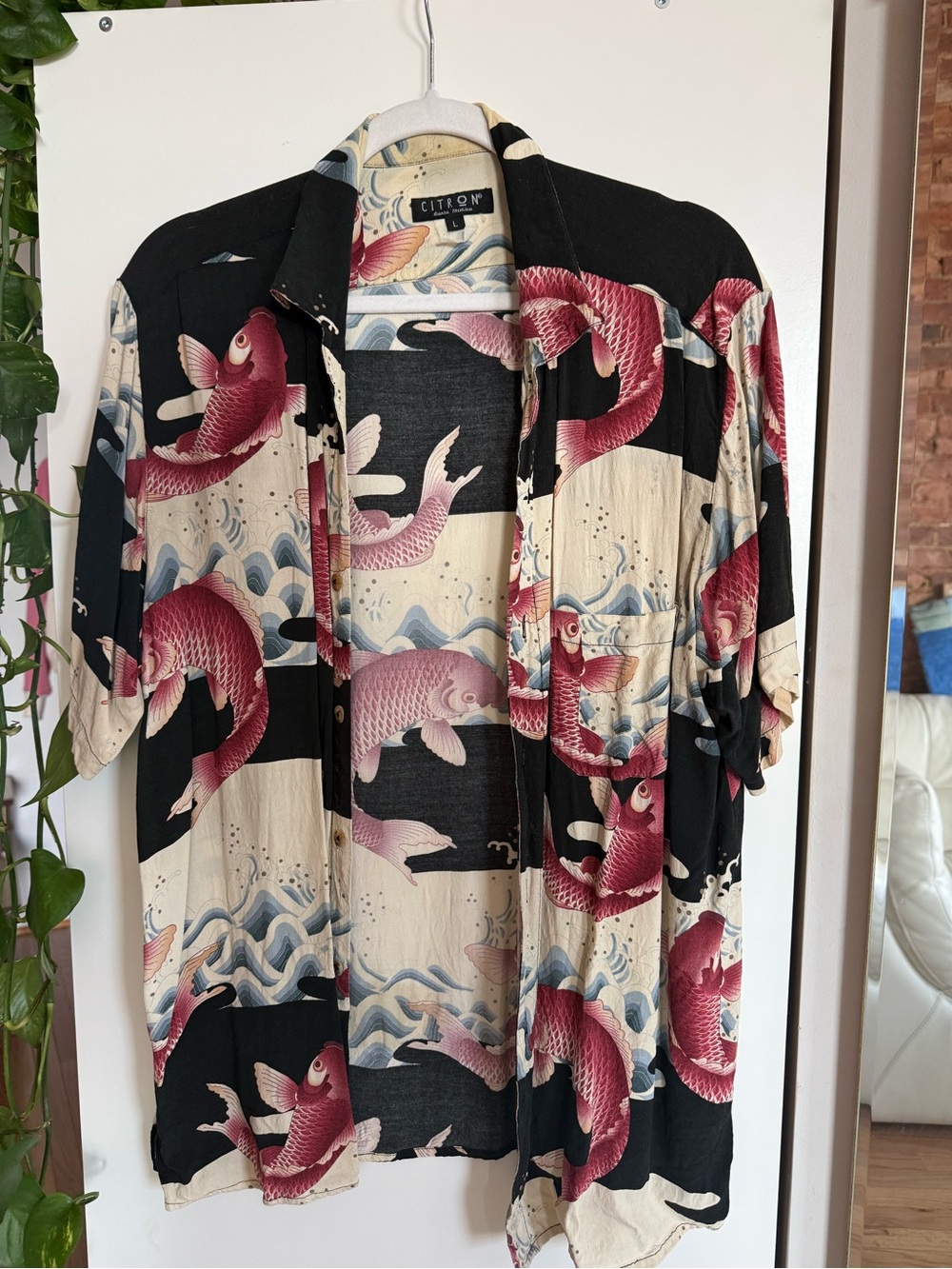 Citron Black and Cream Short Sleeve Shirt with Red Koi Print